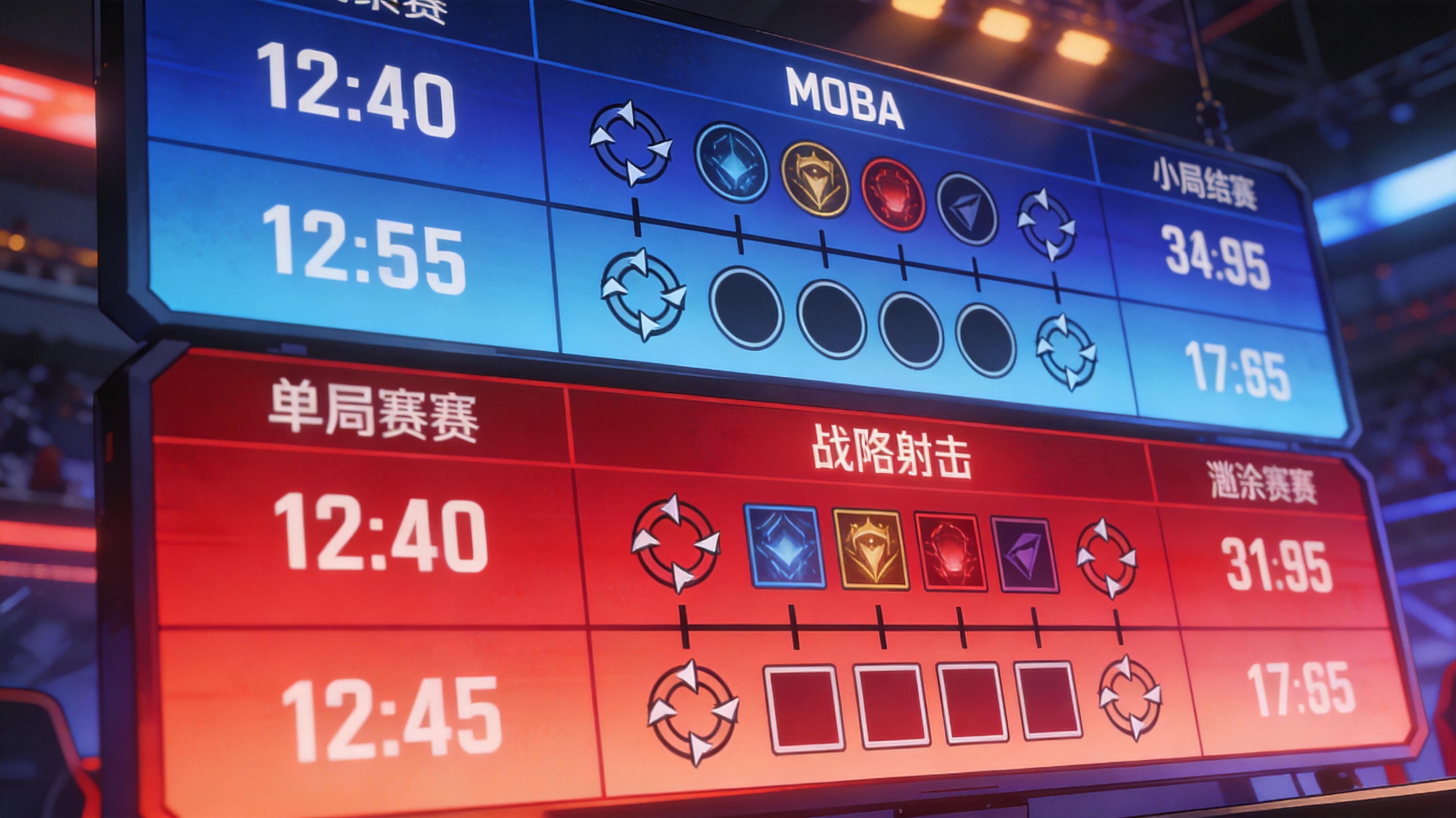 电竞比分模块示意图，展示多局对战的比分与对局结果结构
